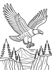 Bald eagle in flight with extended wings over a mountain landscape, coloring concept for children