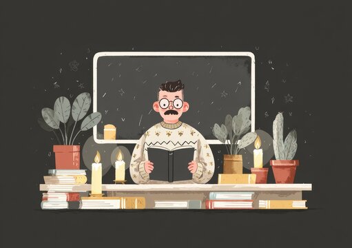 Cozy reader in front of a chalkboard