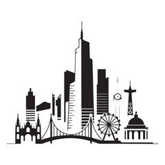 Obraz premium Vector art of a black silhouette cityscape featuring various buildings, a bridge, a ferris wheel, and a clock tower