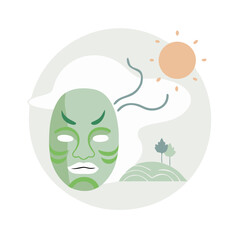 Obraz premium Vector illustration of a traditional Japanese mask with landscape elements and sun