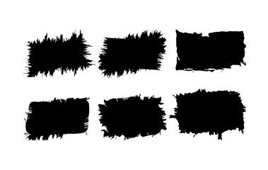 Set of six abstract black rectangular grunge frames with distressed, rough edges. Created in a high contrast ink brush style. 