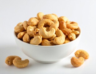 Fototapeta premium Close-up of cashews, showcasing their unique shape and inviting color ideal for themes of healthy snacks, vegan recipes, or wholesome ingredients. A collection of cashews, ready to be enjoyed 