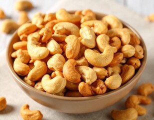 Fototapeta premium Close-up of cashews, showcasing their unique shape and inviting color ideal for themes of healthy snacks, vegan recipes, or wholesome ingredients. A collection of cashews, ready to be enjoyed 