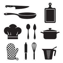 Vector art of a black silhouette collection of kitchen utensils and equipment, including a chefs hat, knife, pan, pot, and whisk