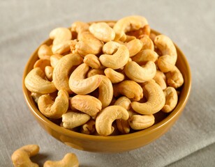Fototapeta premium Close-up of cashews, showcasing their unique shape and inviting color ideal for themes of healthy snacks, vegan recipes, or wholesome ingredients. A collection of cashews, ready to be enjoyed 