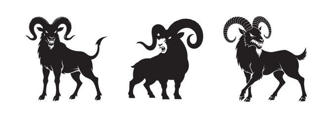 Set of Aggressive Ram or Goat Silhouettes with Horns and Fangs
