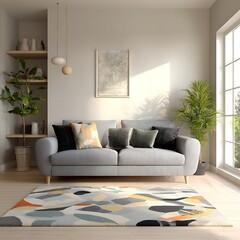 Modern living room with grey sofa and colorful rug isolated on white background