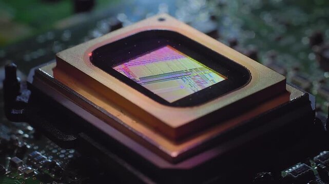 A video matrix located on the printed circuit board plays a clip about the structure of a microcircuit inside, filmed through a microscope. Closeup. Macro. Shallow depth of field 