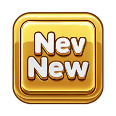 Gold square button with the words "New New" in white