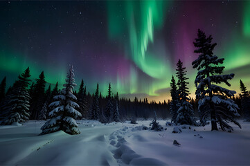 Naklejka premium Bright northern lights over snow-covered pine forest, vibrant green and purple streaks in the sky, calm and magical night atmosphere