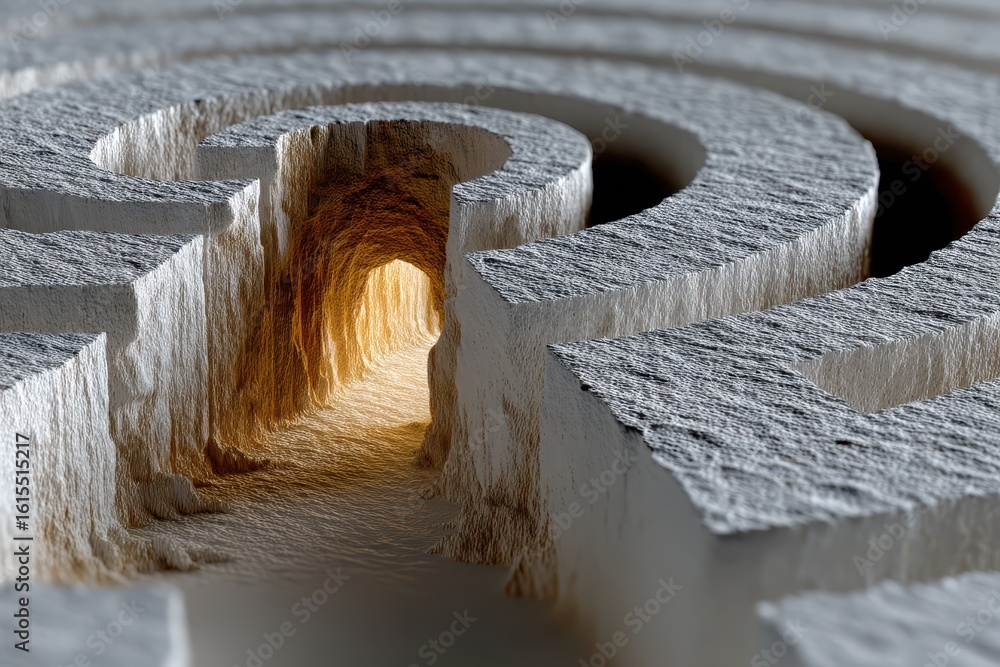 Poster intricate labyrinth design in textured stone with light emanating from depths