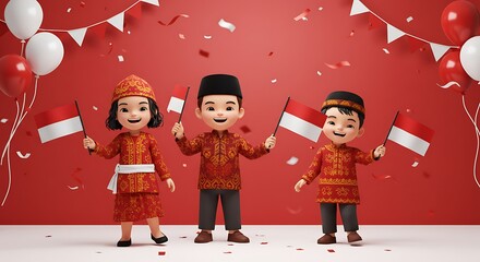 A joyful celebration of Indonesian heritage, featuring cute cartoon children in traditional attire waving flags on Independence Day.