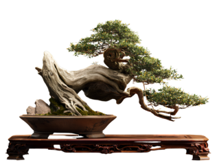Windswept Bonsai Tree with Twisted Trunk on Wooden Stand, Side Angle, Isolated on Transparent Background