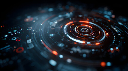 Abstract glowing hud with neon rings and sci-fi symbols in a floating high-tech ui design
