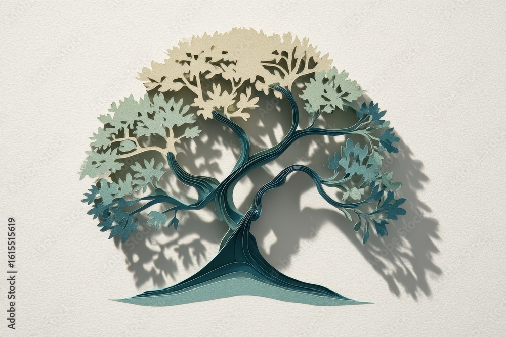 Poster intricate paper art of a tree with colorful layers and detailed shadows