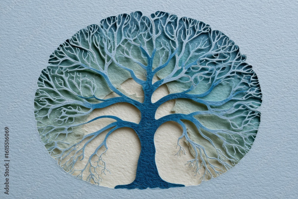 Poster intricate paper cut tree design with detailed branch and root structure