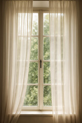 Fototapeta premium Elegant sheer curtains hanging by a window – soft translucent fabric for light and privacy
