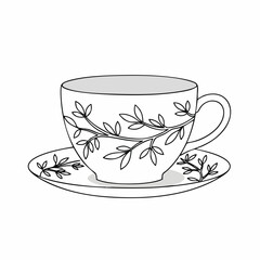 Elegant teacup and saucer with delicate leaf pattern, outlined in black