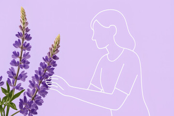 Woman picking purple flowers with sketch outline on pastel background