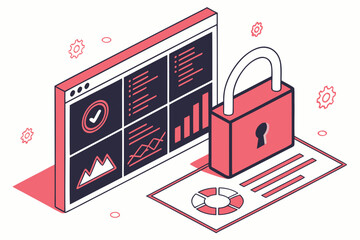 Cybersecurity padlock protecting digital dashboard with data charts