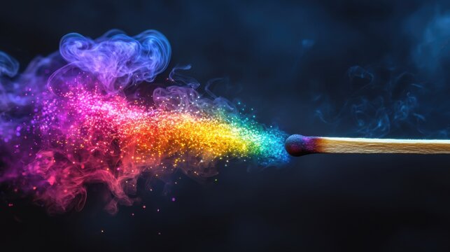 Match with rainbow - colored particles in purple, pink, red, orange, yellow, green, blue, smoke, forming dynamic, artistic, vibrant scene, perfect for creativity, energy, color themes, highlighting vi - Powered by Adobe