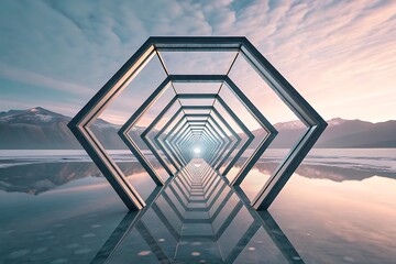 Hexagonal tunnel reflecting mountains and sky at sunset geometric tunnel hexagonal structure