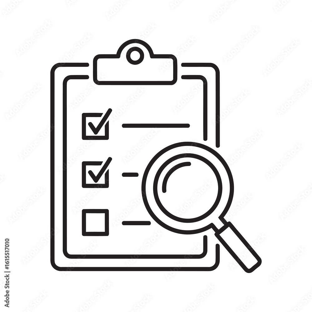 Poster quality audit icon with clipboard checklist and magnifying glass for business process inspection com