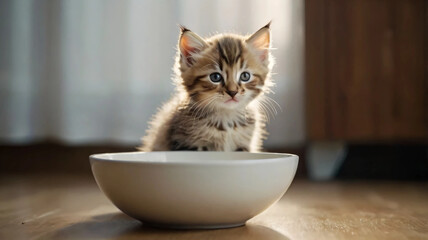 a fluffy kitten sat beside a small, overturned bowl