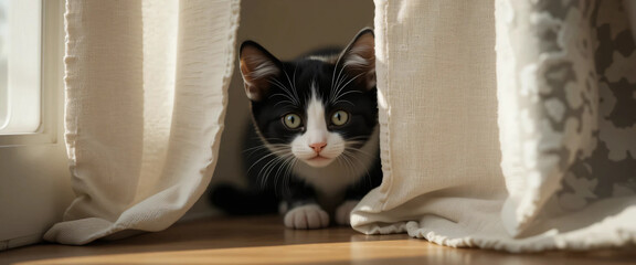 A mischievous black and white kitten hiding behind a curtain