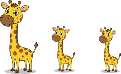 Naklejka premium Happy cartoon giraffe family standing together, colorful vector animals, cute wildlife drawing, smiling giraffes illustration for kids, jungle theme
