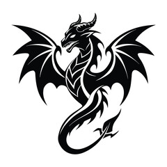 Powerful black silhouette of a fierce mythical dragon with spreading wings and a coiled tail in a dynamic pose