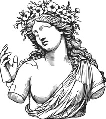 Classical statue of a woman adorned with flowers and draped fabric  