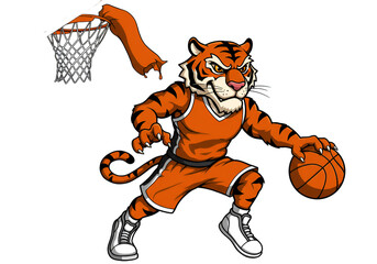 Cartoon Illustration Of An Orange Tiger Athlete Playing Basketball On Transparent Background