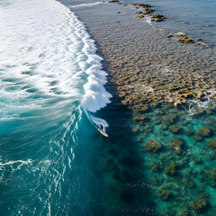 An aerial view of a lone surfer riding a powerful, curling ocean wave as it breaks over a shallow coral reef.