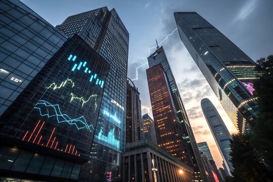 Modern skyscrapers display financial charts at dusk cityscape stock market