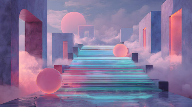 Floating neon staircases to glowing orbs and doors in a surreal sci-fi dream sky