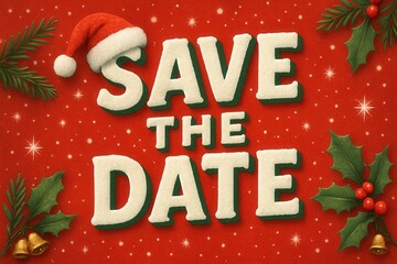 Festive "Save the Date" announcement with Christmas-themed decorations including a Santa hat, holly leaves, berries, and a red background with snowflake patterns.