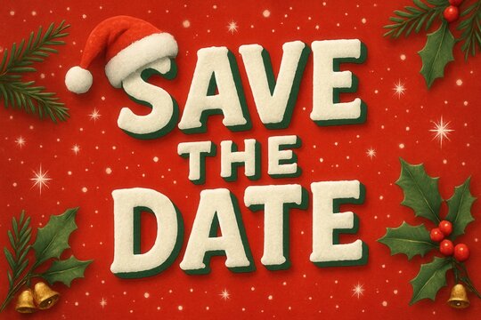 Festive "Save the Date" announcement with Christmas-themed decorations including a Santa hat, holly leaves, berries, and a red background with snowflake patterns.