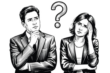 Engraved Style Illustration of Doubtful Man and Woman with Question Marks Above Heads, Vintage Etching Concept for Uncertainty, Confusion, or Decision-Making in Relationships

