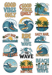 A collection of colorful, vintage-style surfing stickers featuring surfers on big waves, palm trees, and beach-themed phrases.