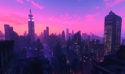 A stylized cityscape at sunset, with a blend of vibrant colors and muted tones.  High-rise buildings, rooftops, and streets are visible in a hazy, aerial perspective.  