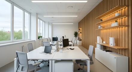 Photo Light Office Room Interior con área de coworking y estantes con ventana