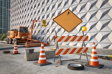 Orange construction vehicle traffic cones barriers and signage equipment