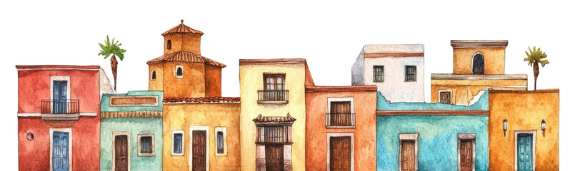 PNG Mexican city buildings architecture illustration watercolor.