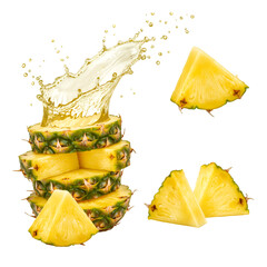 Abstract Pineapple Illustration With Juice Splash And Sliced Fruit On Transparent Background
