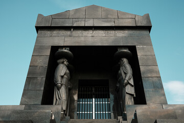 Frontal view of the Monument to the Unknown soldier Hero on Avala, with grand steps and statues...