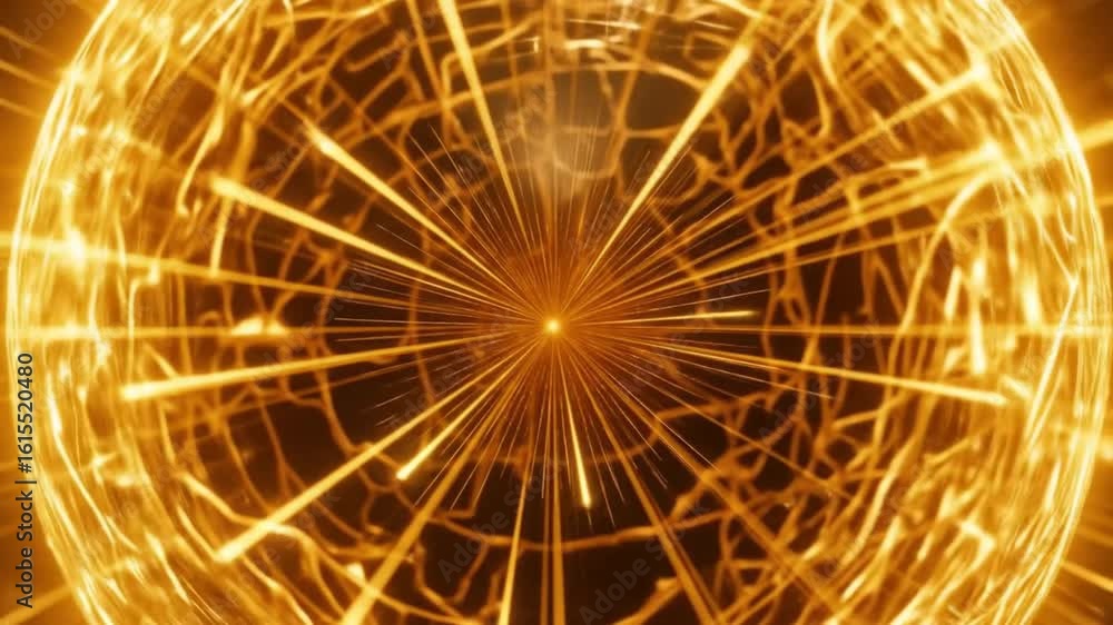 Poster dynamic golden light orb with rays emanating outwards and glowing particles
