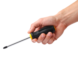 Hand Holding Black and Yellow Screwdriver Isolated on Transparent Background