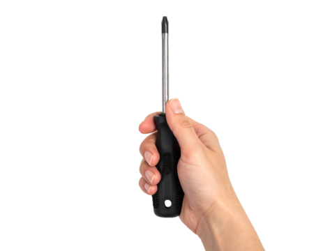 Hand Holding Black and Yellow Screwdriver Isolated on Transparent Background