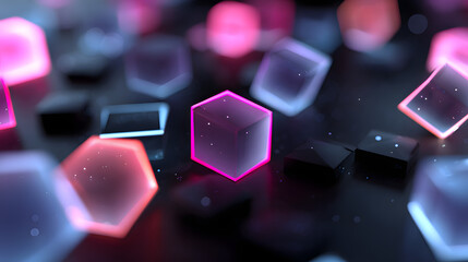 Glowing neon squares floating in glitchy 3d space with a matrix-style digital background